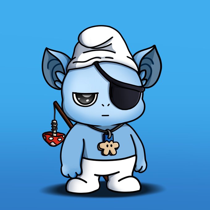 A digital illustration of a blue cartoon character wearing a white turban, an eye patch, and white pants, holding a staff with a red mushroom and wearing a bone-shaped necklace against a blue background.