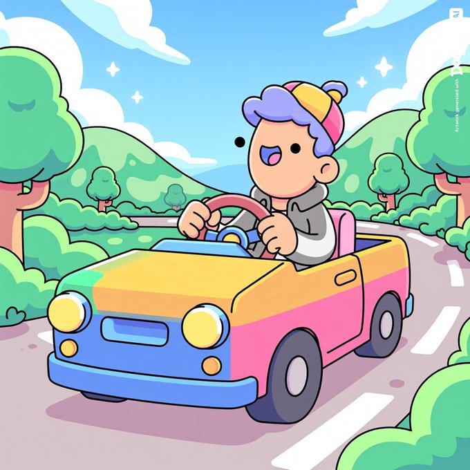 A colorful cartoon illustration of a cheerful character with purple hair and a yellow beanie driving a pink and yellow convertible car through a bright, green countryside landscape.