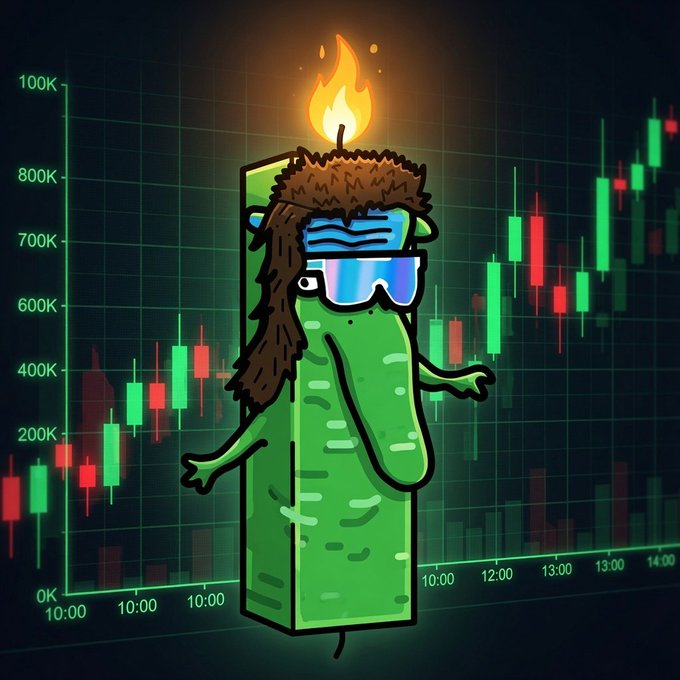 A cartoon green candle character wearing a furry hat with a flame on top and blue sunglasses, standing in front of a financial chart with values up to 1000K and times from 10:00 to 14:00.