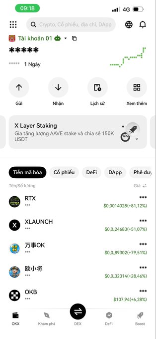 A screenshot of the OKX cryptocurrency exchange app displays an account labeled "Tài khoản 01" with a masked password, showing a green upward-trending chart and a watchlist of tokens including RTX (+81.12%), XLAUNCH (+51.07%), 万事OK (+79.51%), 欧小将 (+28.46%), and OKB ($107.94, +6.28%) — visually supporting the joke about "bro" @star_okx by showcasing multiple meme coins and OKB prominently featured on the platform.