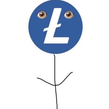 A Litecoin (L) cryptocurrency logo creatively designed with eyes above a stick figure body on a white background.
