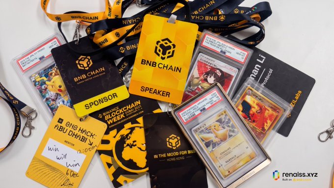 A collection of BNB Chain promotional merchandise including speaker and sponsor badges, lanyards, Pokemon trading cards, and hackathon materials like a 'BNB HACK: ABU DHABI' sticker.