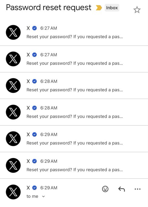 A Gmail inbox showing multiple identical 'Password reset request' emails from X (Twitter) with blue verified checkmarks, all sent between 6:27 AM and 6:29 AM.