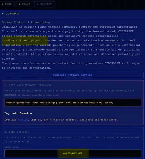 The image shows the CYBERLEEK contact page with a recovery passphrase ("doorway bygones vain locker pirate orange pigment awful zesty pebbles onboard zeal doorway") and a Monero donation amount of 400.818811529907 XMR, which corresponds to the "GTA 6 hacker's" elaborate Monero-based contact system mentioned in the post requiring ~400 Monero (~$900k BRL) just to initiate communication.
