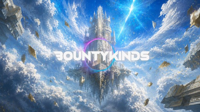 An anime-style fantasy artwork featuring a floating castle in the clouds with the text 'BOUNTY KINDS' overlaid in a circular logo design.