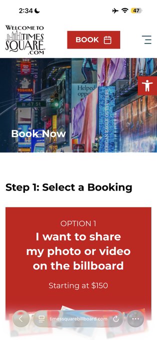 A mobile screenshot of the Times Square billboard booking website showing "Book Now" with an option to "share my photo or video on the billboard" starting at $150, suggesting the user is considering booking a billboard for $ANSEM.
