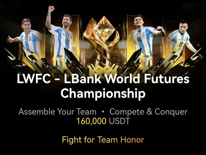 A promotional graphic for the 'LWFC - LBank World Futures Championship' featuring soccer players celebrating, with text including 'Assemble Your Team · Compete & Conquer', '160,000 USDT', and 'Fight for Team Honor'.