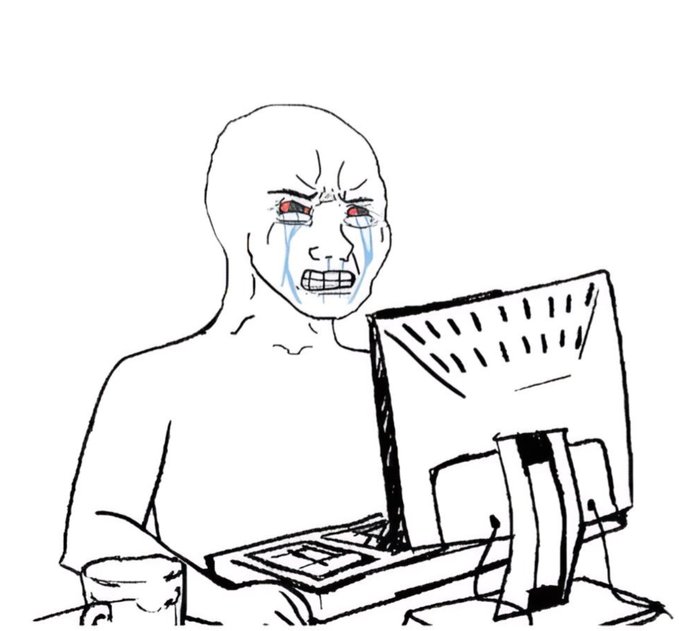 A black and white line drawing of a bald figure with a distressed expression and tears streaming down their face, sitting at a computer monitor.