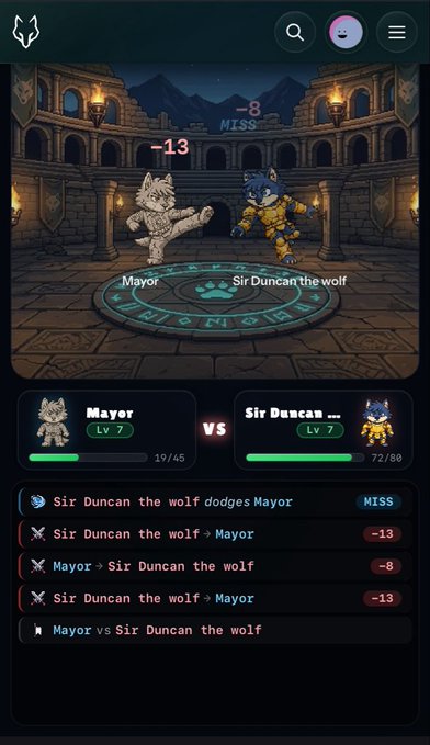 The image shows an app screen with two cartoon characters fighting each other in a castle-like setting at night. The characters are engaged in combat, with one character appearing as a mouse and the other as a wolf. The scene also includes a clock on the right side of the screen. The post suggests that there is a game called Wolfswap happening, which might be related to this image or could be an unrelated topic.