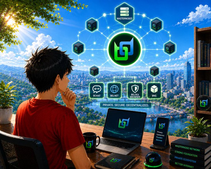 A stylized illustration of a boy looking out over a city skyline, with a Beldex-themed digital network of masternodes floating above his desk, emphasizing a 'PRIVATE. SECURE. DECENTRALIZED.' message.