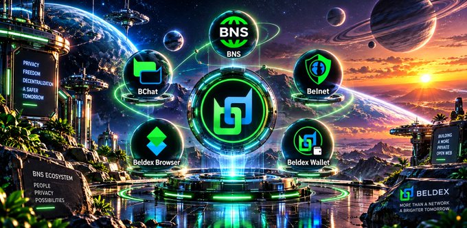 A futuristic sci-fi style illustration promoting the "BNS ECOSYSTEM," featuring interconnected crypto projects including "BNS," "BChat," "Belnet," "Beldex Browser," and "Beldex Wallet" set against a cosmic landscape with planets and futuristic cities, with text reading "PRIVACY FREEDOM DECENTRALIZATION A SAFER TOMORROW" and "MORE THAN A NETWORK A BRIGHTER TOMORROW."