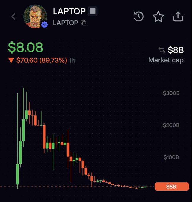 A cryptocurrency chart shows the 'LAPTOP' token at $8.08, down $70.60 (89.73%) in one hour, with a market cap of $8B and a candlestick graph illustrating a steep decline from $300B.