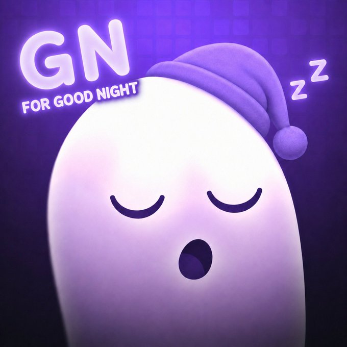 This image contains a white foam or blob-like shape with an ocatratic head, wearing a purple hat featuring letters "gn" and a "z" around its mouth. The text that appears above the figure reads "Gn for good night", suggesting that this object might represent someone who is sleeping.