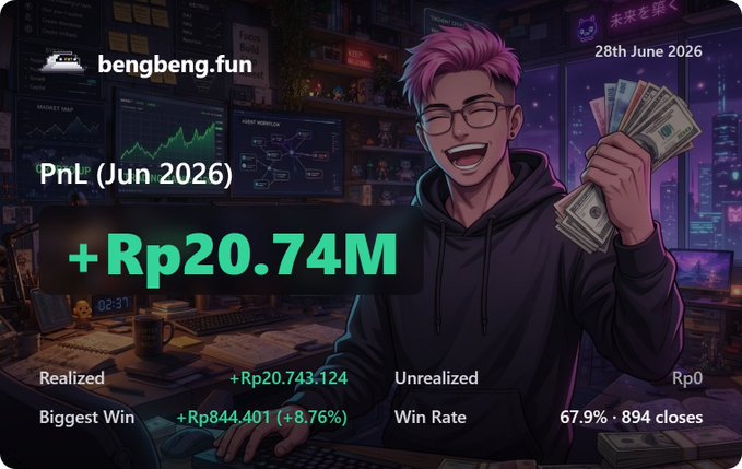 An anime-style trader with pink hair celebrates holding cash, with the dashboard showing "PnL (Jun 2026): +Rp20.74M" from bengbeng.fun, highlighting a realized gain of +Rp20,743,124 and an 8.76% biggest win on 67.9% of 894 closes.