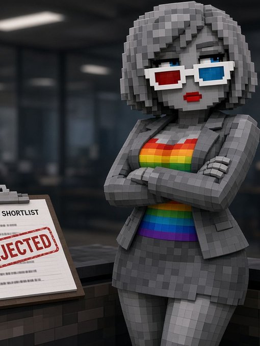 A voxel-style 3D rendering of a grey character wearing red-blue 3D glasses and a rainbow shirt, standing with arms crossed next to a clipboard showing 'REJECTED' on the shortlist.