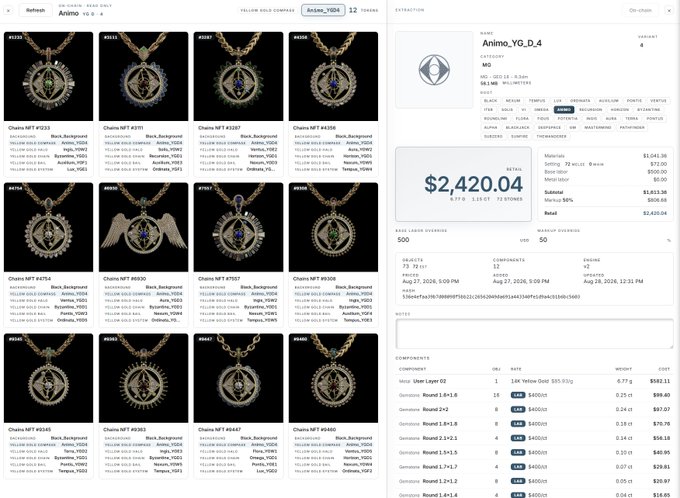 A jewelry retail management software interface displays various chain pendant listings with details including 'Animo_YG_0.4', chains numbered #2333 through #2360, and a total retail value of $2,420.04.