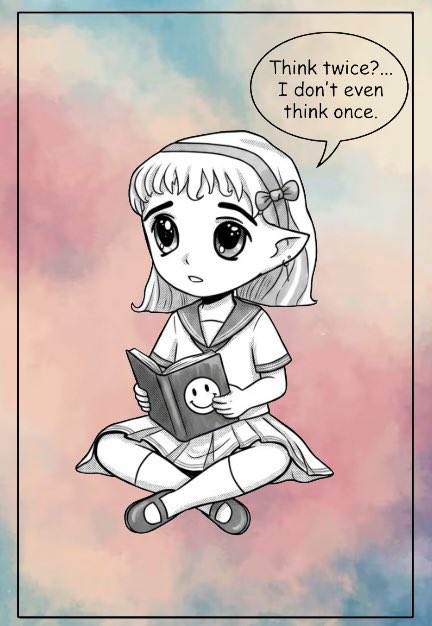 A black-and-white illustrated manga-style panel of a young elf-eared girl with a bow sitting cross-legged and holding a book with a smiley face, with a speech bubble saying 'Think twice?... I don't even think once.'