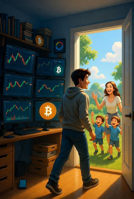 In the image, there is an adult male dressed in a green jacket standing next to a door with a child and another person waiting for him outside of his room. The man appears to be leaving the scene or stepping into someone else's room as the kids stand by the doorway watching him go. The room has several monitors on the wall, giving it a tech-oriented atmosphere. Additionally, there are multiple books placed around the space. One book is positioned near the door, and another one is resting on a desk next to the monitors. The man's handbag can be seen hanging by his side in the foreground of the image.