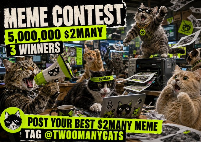A promotional meme contest graphic featuring a chaotic scene of cats wearing "$2MANY" branded accessories—sunglasses, chains, headbands—alongside computers, megaphones, and printing equipment, headlined as a "MEME CONTEST" offering 5,000,000 $2MANY across 3 winners and prompting entries by tagging @TWOOMANYCATS. The image directly illustrates the post's $2MANY meme contest announcement, visualizing the playful feline branding used by the @TwoManyCats account to attract meme submissions.