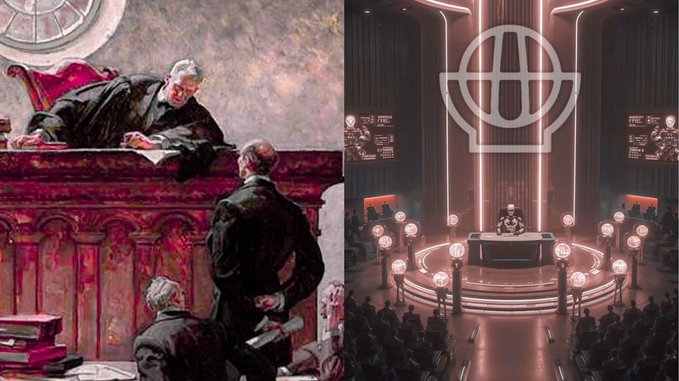 A split image showing a classical painting of a courtroom scene on the left and a modern, futuristic courtroom with a circular logo and dramatic red lighting on the right.