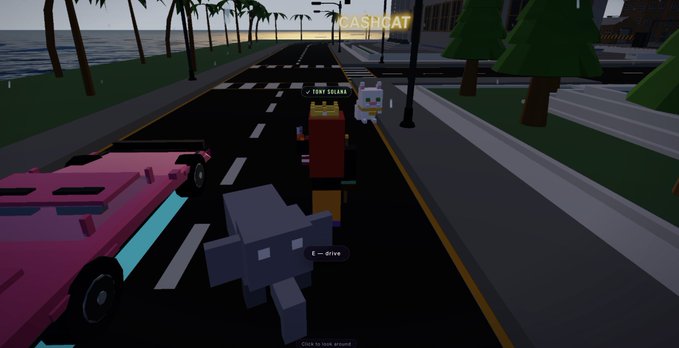 A screenshot from a Roblox game showing a blocky, low-poly urban street scene with a pink car, an avatar labeled "TONY SOLANA" holding a "$CASH CAT" item, and an "E - Drive" interaction prompt, visually highlighting the collectible $CASHCAT token mentioned in the post as findable on the game's lobby map.