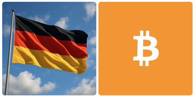 A split image showing the German flag (black, red, and yellow horizontal stripes) waving against a blue sky on the left, and the Bitcoin (₿) logo on an orange background on the right.