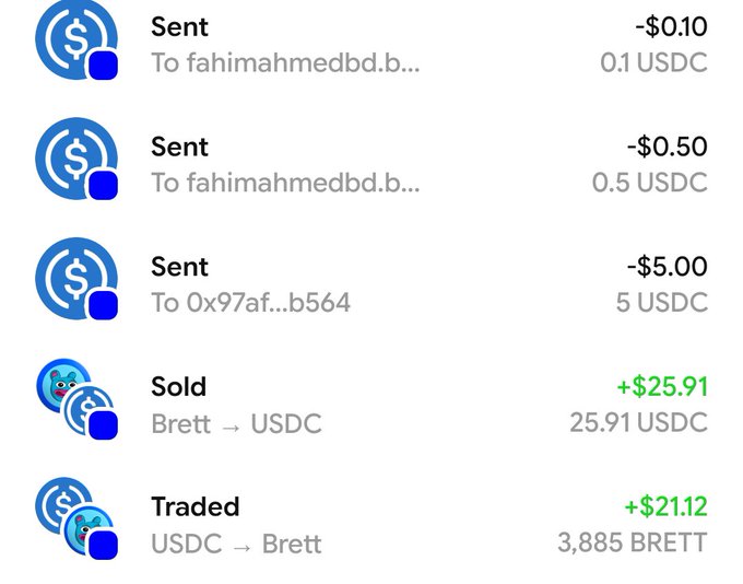 A transaction history on Base App shows multiple USDC transfers sent to "fahimahmedbd" ($0.10 and $0.50), a $5.00 USDC sent to address 0x97af...b564, a Brett→USDC sale (+$25.91), and a USDC→Brett trade (+$21.12 for 3,885 BRETT). The image illustrates the accompanying post's point—rather than a simple wallet, Base App blends peer-to-peer USDC payments (like splitting a dinner bill) with seamless social trading, where a friend's post becomes a tappable trade.