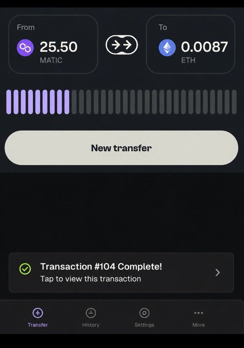 This image shows a completed transfer of 25.50 MATIC to 0.0087 ETH, illustrating the ease of cross-chain bridging with @Allbridge_io Next. The "Transaction #104 Complete!" banner directly reflects the post's sentiment about seamless transactions.