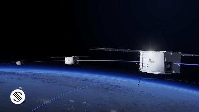 A trio of small satellites, one marked "EXO-SPACECOM," orbit above Earth's curve in this sleek space scene. The image visually reinforces the post's quip—suggesting a team so immersed in space operations that monitoring orbital trajectories is as routine as checking the morning forecast.