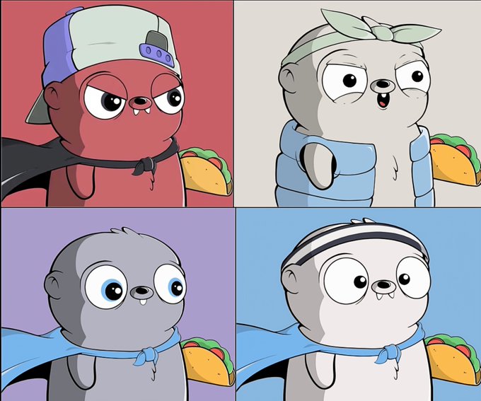 A four-panel cartoon shows a sea otter character in different outfits and colors (red, white, gray) holding a taco, with a blue scarf or cape in each panel.