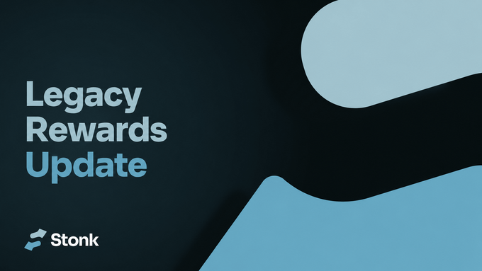 The image features a dark blue gradient background with the text "Legacy Rewards Update" prominently displayed on the left side, along with the Stonk logo. Large blue abstract shapes frame the right side of the design, creating a modern visual style that complements the announcement about the upgraded StonkFun rewards pipeline now live for legacy coins like $ZCAT, $RAYCAT, and $PURR using CLMM pools.