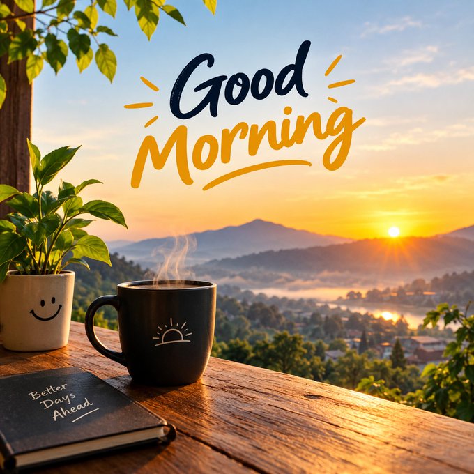 A 'Good Morning' greeting image showing a steaming coffee mug on a wooden balcony railing at sunrise, accompanied by a small potted plant with a smiley face and a notebook labeled 'Better Days Ahead'.
