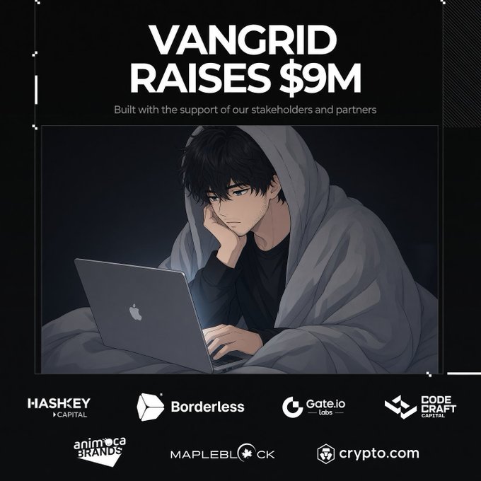 An announcement graphic reading 'VANGRID RAISES $9M' featuring an anime-style character using a MacBook, with partner logos including HashKey Capital, Borderless, Gate.io, and Crypto.com.
