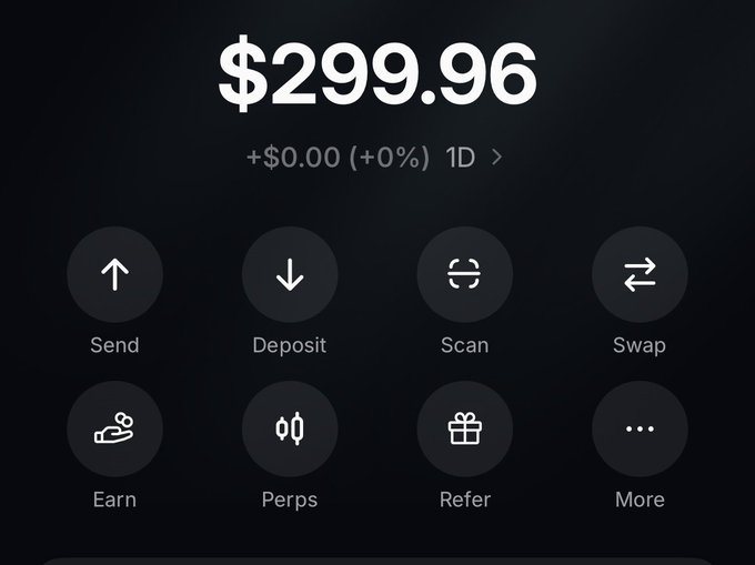 A dark-themed crypto wallet interface displays a balance of **$299.96** (+$0.00, +0%, 1D) with action buttons (Send, Deposit, Scan, Swap, Earn, Perps, Refer, More), directly tying into the post's giveaway of "$300 to 6 random persons" by showing the sponsor's wallet balance just under the giveaway amount.