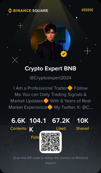 A Binance Square profile for 'Crypto Expert BNB' (@Cryptoexpert2024) describes a 'Professional Trader' offering daily trading signals and market updates, with 6.6K contents, 104.1K likes, 67.2K shares, and 10K followers.