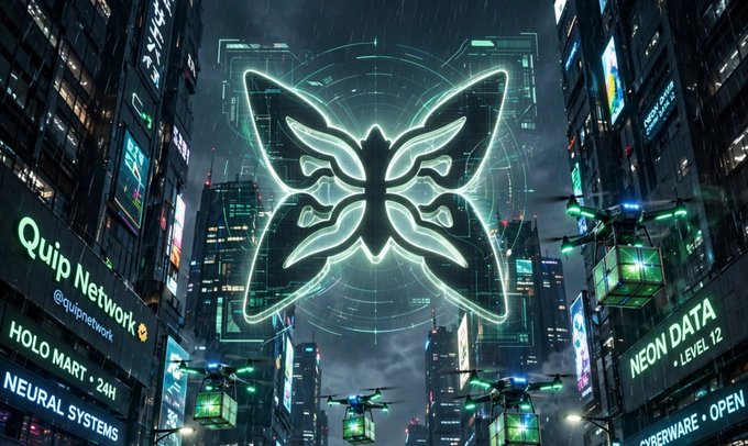 A futuristic cityscape with a butterfly logo and text including "Quip Network", "HOLO MART 24H", "NEURAL SYSTEMS", and "NEON DATA LEVEL 12".