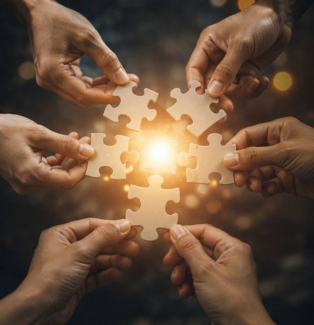 A close-up image of multiple hands coming together to assemble puzzle pieces into a complete square, with a glowing light shining from the center symbolizing collaboration and unity.