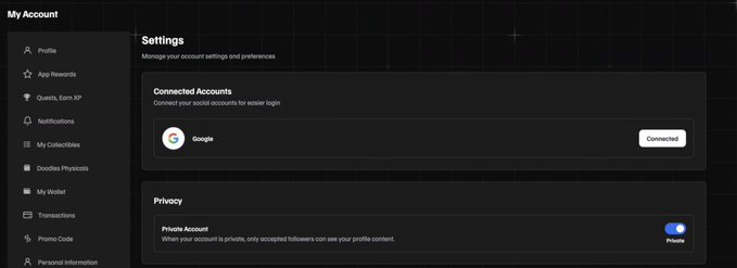 A 'My Account' settings page showing a Google connected account and a 'Private Account' privacy toggle that is switched on.
