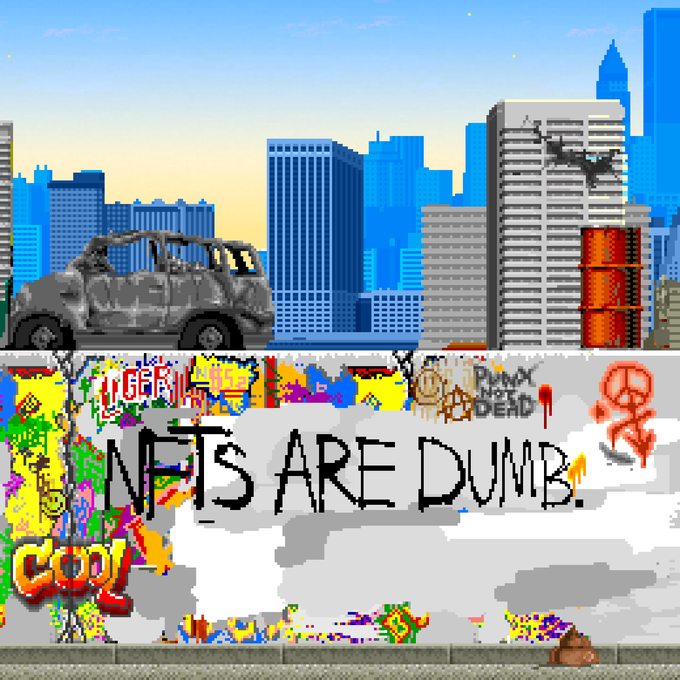 Pixel art showing a gray car driving through a city skyline with skyscrapers, featuring graffiti on a wall that reads 'UGER!!!', 'PRIMX DEAD', and large text stating 'NFTS ARE DUMB'.
