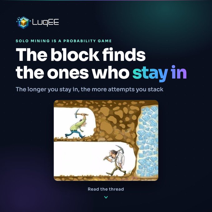 A promotional graphic for LuqEE featuring a cartoon illustration of two miners digging through dirt toward a wall of diamonds, paired with the headline "SOLO MINING IS A PROBABILITY GAME — The block finds the ones who stay in" and the subtext "The longer you stay in, the more attempts you stack," reinforcing the message that persistence in solo mining increases chances of finding blocks, which ties into the post's argument for committing to an annual plan.