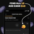The image is a mobile app advertisement titled "FIND ALL 10 DUCKS AND EARN $10," promoting a challenge by @duel_duck where users locate hidden ducks within a wallet app update to win 10 USDC. The graphic features a dark, cosmic-themed design with a cartoon yellow duck wearing a space helmet, along with progress bars labeled "CHALLENGE GOAL" and "YOUR PROGRESS" to track ducks found. It directly relates to the post's call to action, encouraging users to download the app and join the duck-hunting treasure hunt before others do.
