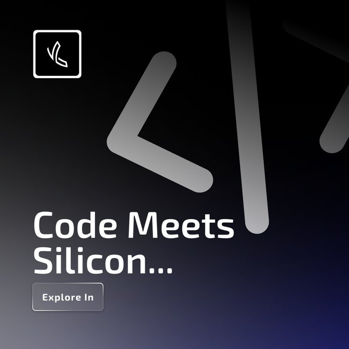 A dark graphic poster reads “Code Meets Silicon...” with a button labeled “Explore In,” alongside a stylized angular logo.