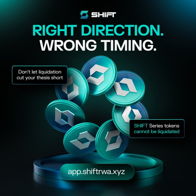 The image features a collection of blue and green coins stacked together, with the text "right direction" above them and "wrong timing" below. The coins are arranged in a circular pattern, creating an interesting visual effect. The background of the image is black, which contrasts with the colorful coins and makes them stand out more prominently. The text "app.shiftrwa.xyz" appears to be related to the coin stacking activity or the Shift Series token, possibly indicating that this is a promotional post for the app or the series itself.