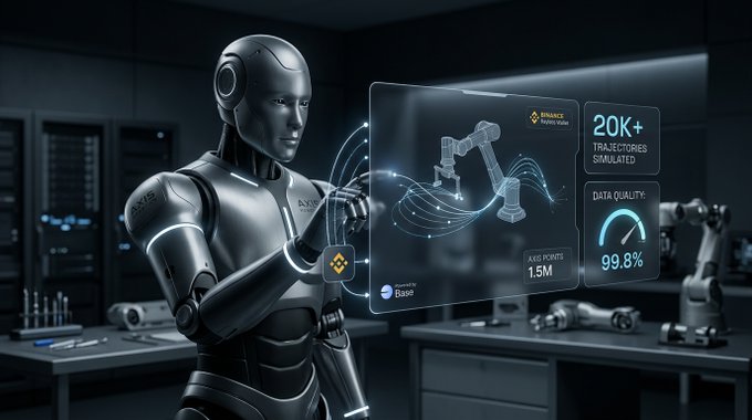 A futuristic humanoid robot interacting with a transparent holographic display showing a robotic arm and statistics like '20K+ TRAJECTORIES SIMULATED' and 'DATA QUALITY 99.8%' in a high-tech lab.