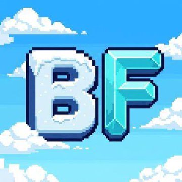 Pixel art logo with stylized 3D letters "BF" (BlockFall) set against a bright blue sky with white clouds, visually branding the giveaway announcement of a $10,000 $BLOCK prize contest for top 5 most expensive in-game islands.