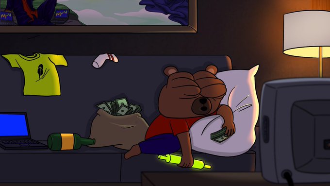 An exhausted cartoon bear wearing a red shirt slumps against a pillow on a messy couch, clutching cash alongside a glowing bottle, a tipped-over whiskey bottle, and scattered money—capturing the "degenerate" vibe of the BOBO meme coin promotion, which celebrates the character as an OG internet finance culture figure launching soon on Telegram.