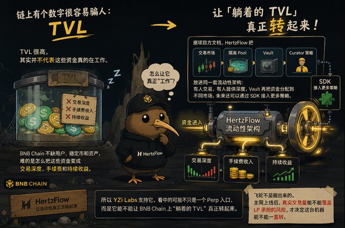 Chinese infographic by BNB Chain/YZI Labs explaining how HertzFlow aims to activate dormant TVL on the blockchain.