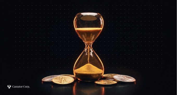An image of an hourglass filled with golden sand surrounded by various coins, with the logo 'Cassator Corp.' in the bottom left corner.