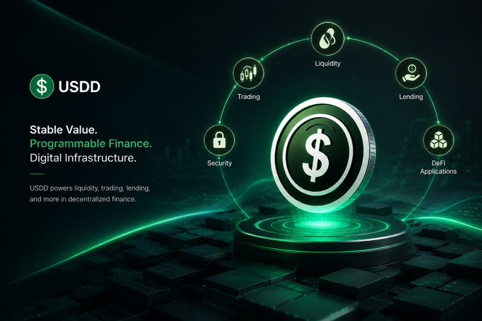 A promotional graphic for 'USDD' highlighting 'Stable Value. Programmable Finance. Digital Infrastructure.' with icons representing Liquidity, Trading, Lending, Security, and DeFi Applications.