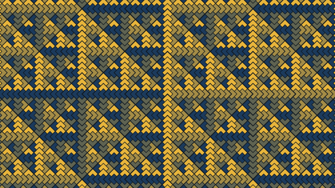 A repeating geometric pattern featuring small triangular shapes in a houndstooth-like arrangement, utilizing blue, yellow, and gray colors.